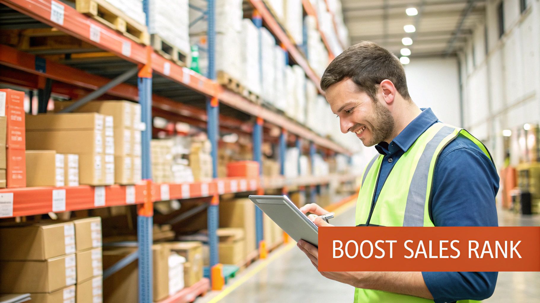 A smiling warehouse worker in a high-visibility vest uses a tablet in an Amazon fulfillment center, boosting sales rank.
