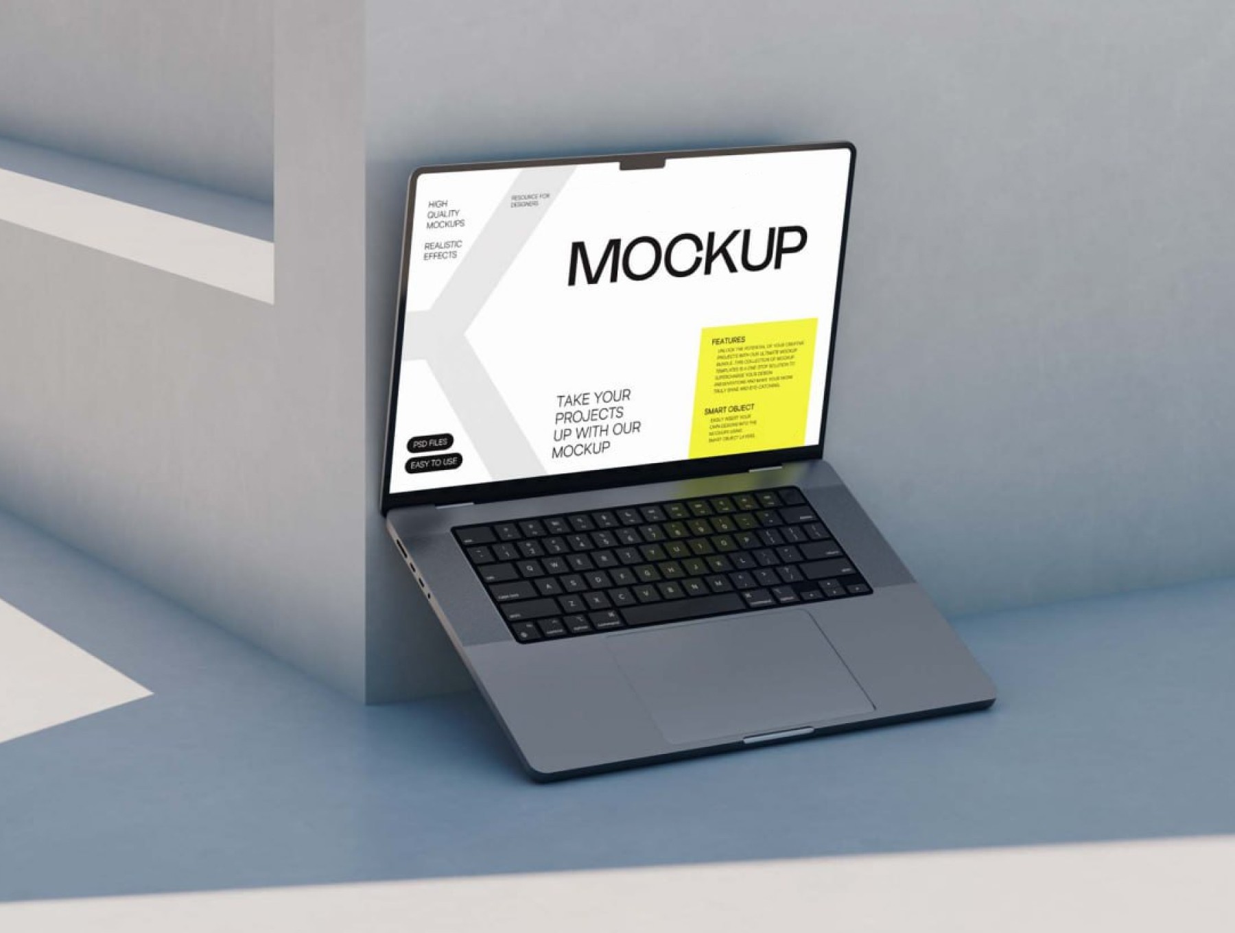 Laptop mockup leaning against wall