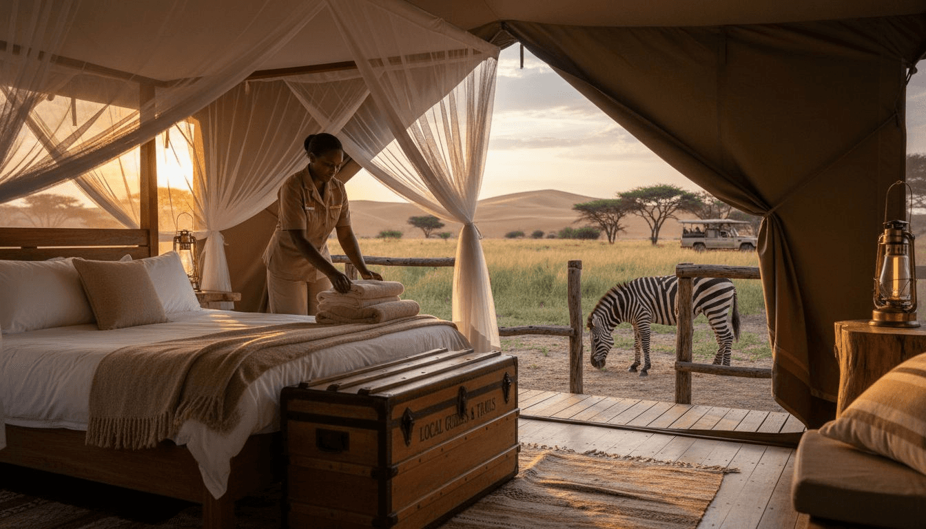 Luxury tented lodge staff prepares guest suite