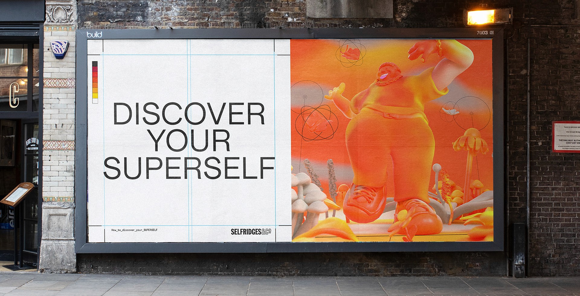 Streetside billboard with flyposters of the Batch.Works brand and illustrations
