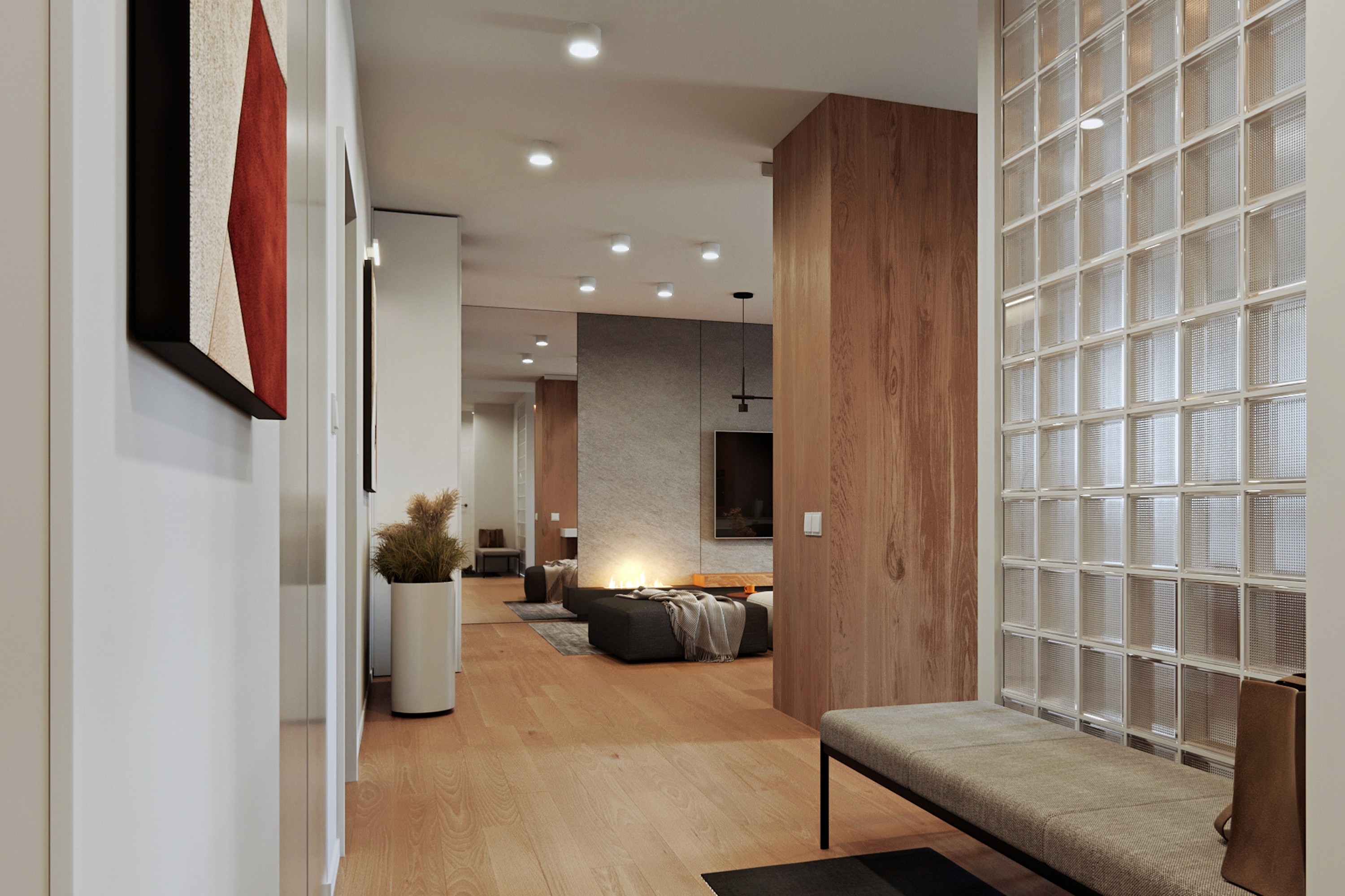 Elegant living room with warm lighting and minimalist furniture in Zana Apartment