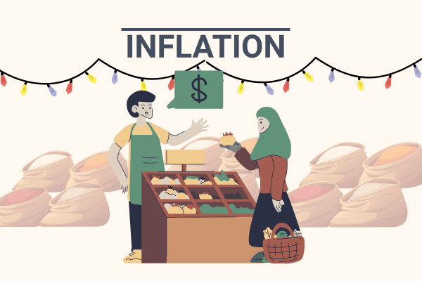 A flat illustration titled "INFLATION" showing a market scene. A vendor stands behind a wooden produce stall, gesturing toward a woman in a green hijab who is holding a small item. A green speech bubble with a dollar sign hangs between them. The background is filled with large sacks of grain under a string of colorful lights.