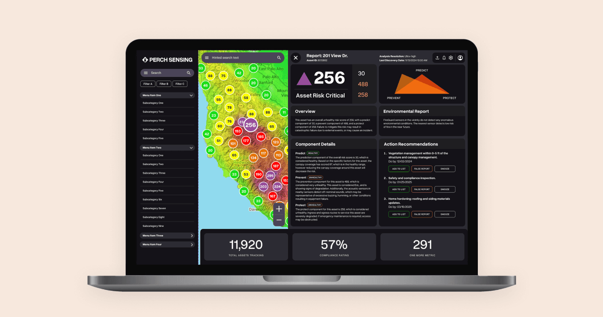 A laptop showing a dark mode analytics tool mockup for Perch Sensing on a blurred treeline background with an orange sky