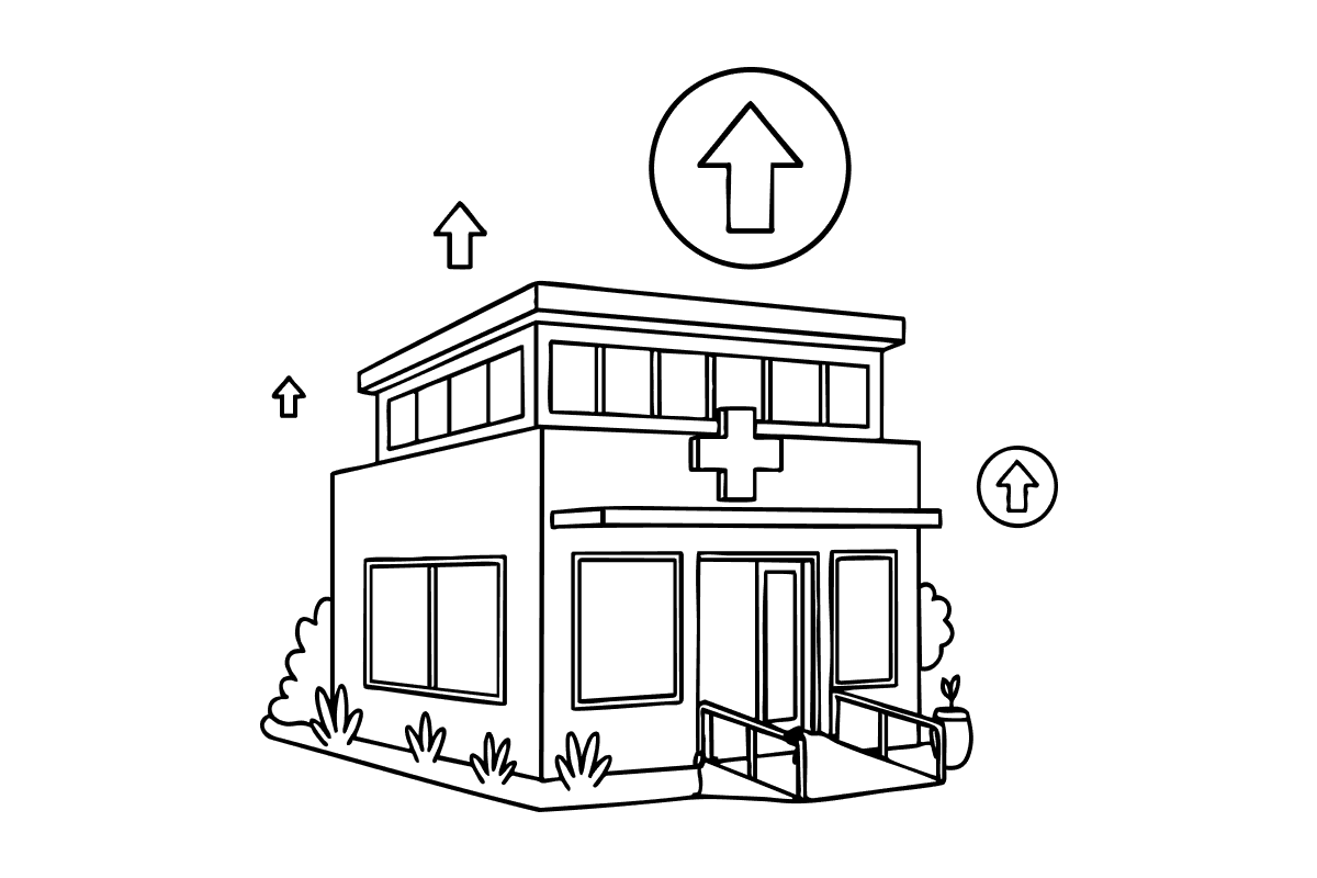 Illustration of a healthcare facility with upward arrows, representing Synapti Health’s value based care training for growing VBC participants developing advanced care delivery and cost management capabilities.