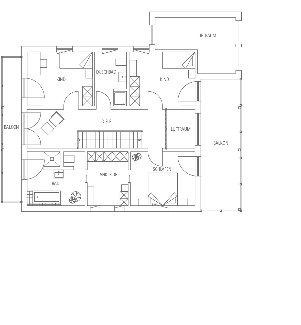 Grundriss einer Wohnung mit Kinderzimmern, Duschbad, Diele, Ankleide, Schlafzimmer, zwei Lufträumen und Balkon.