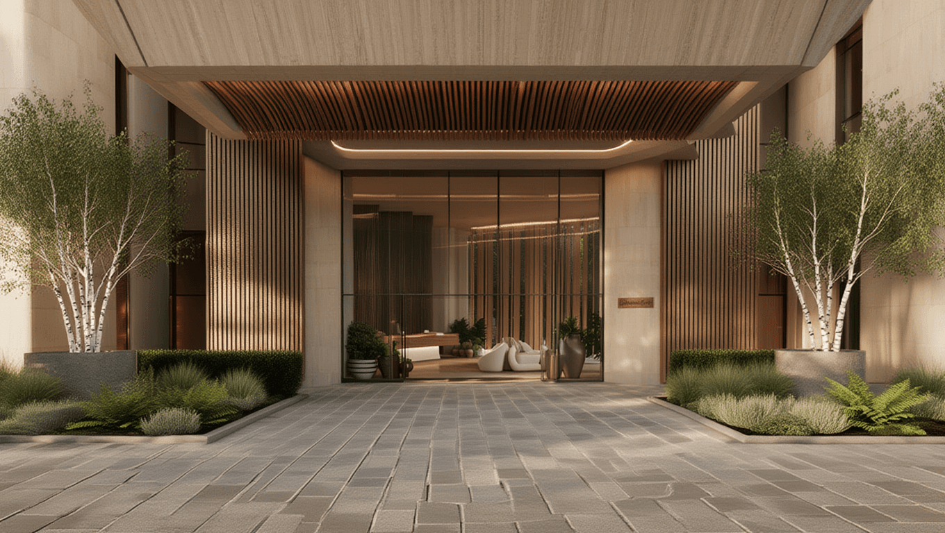 Modern residential entrance with wood cladding and contemporary design
