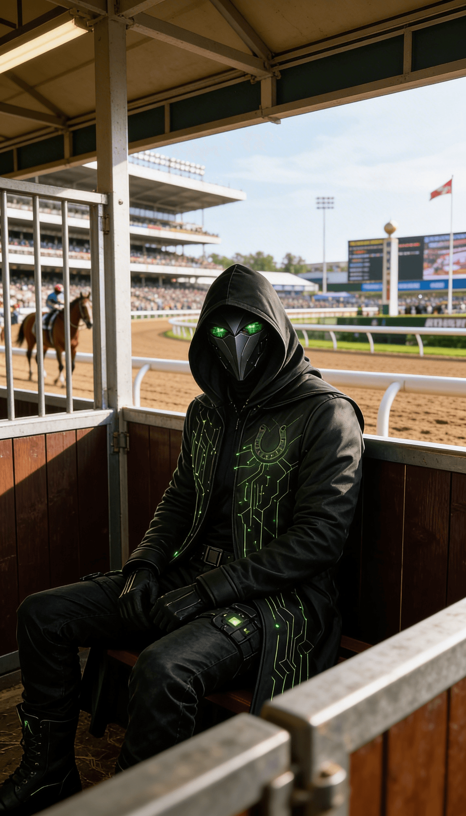 Cipher positioned at the racecourse overlooking the track, representing calm observation and disciplined decision-making