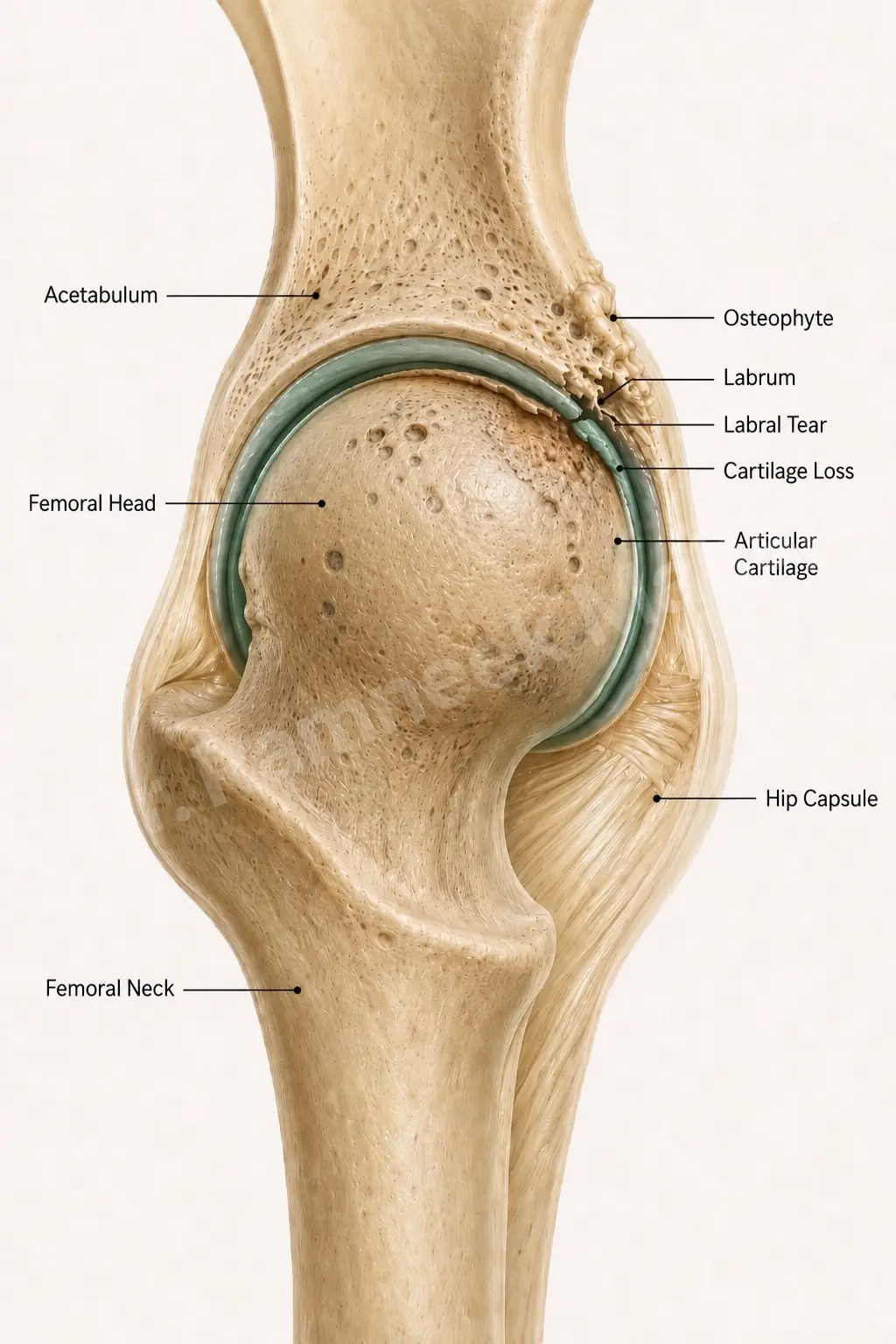 Arthritic hip with cartilage loss, labral tear and bone spur - the trigger for total hip replacement.