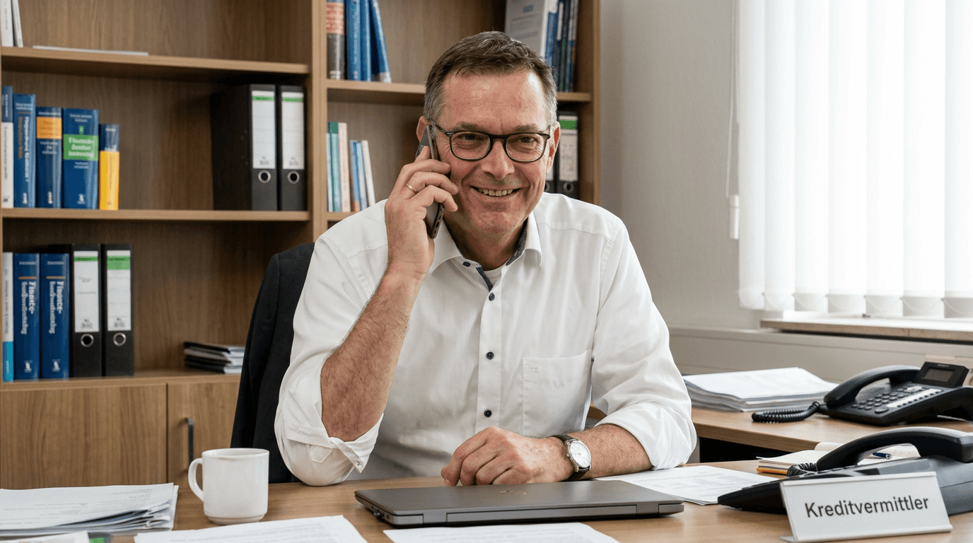 Berater von Kredit Lotsen im Büro am Telefon – persönliche Kreditberatung zu Privatkredit, Baufinanzierung und Umschuldung in Deutschland.