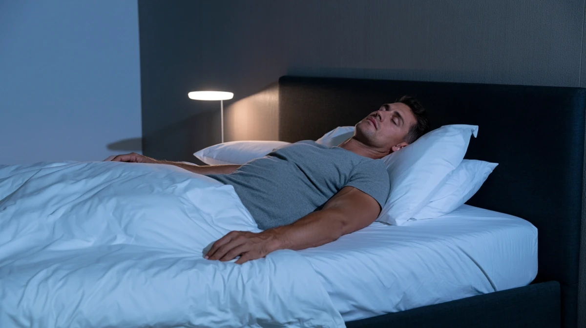 Man lying on bed practicing progressive muscle relaxation before sleep
