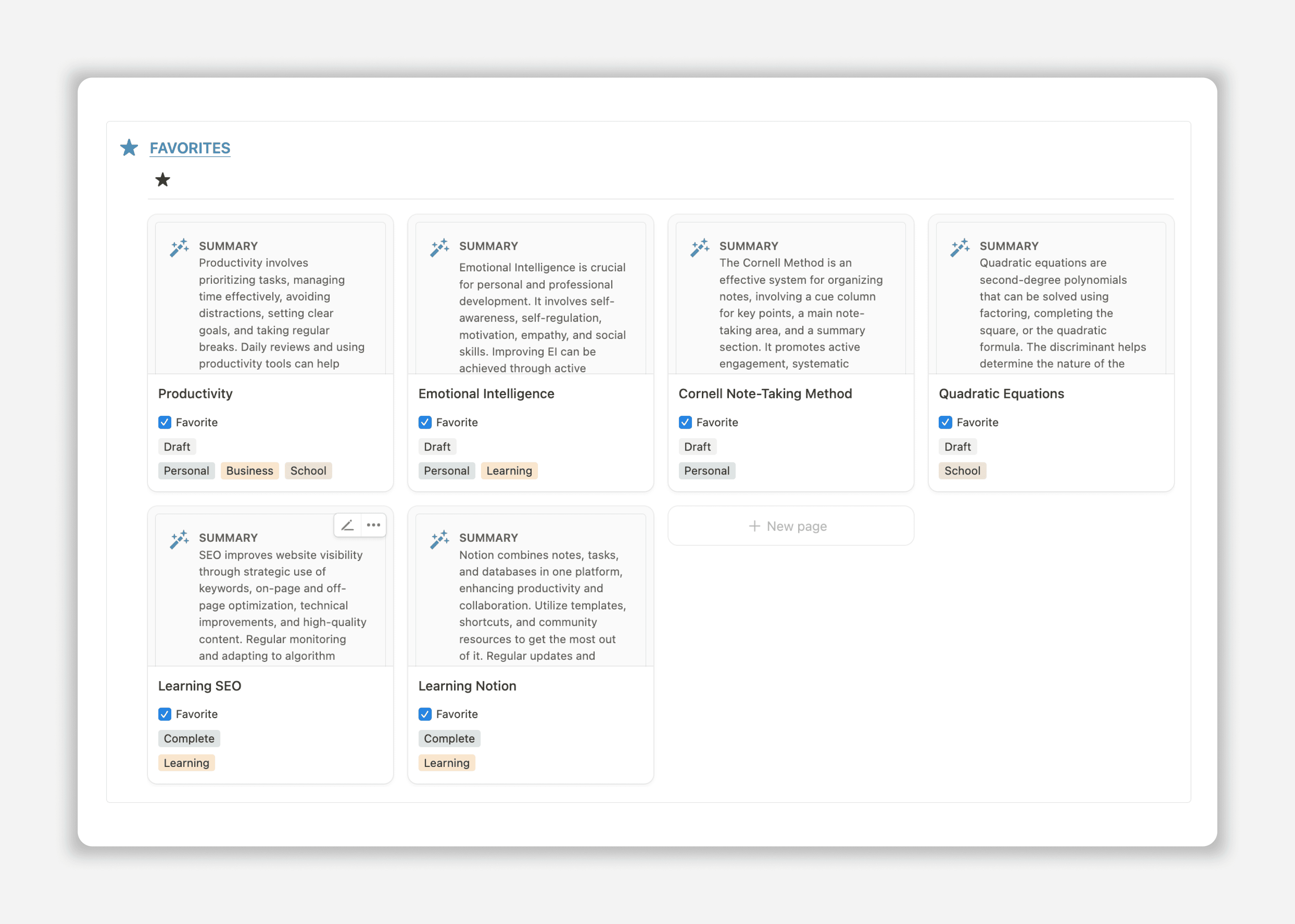 Notion Cornell Notes Template - Favorites Section