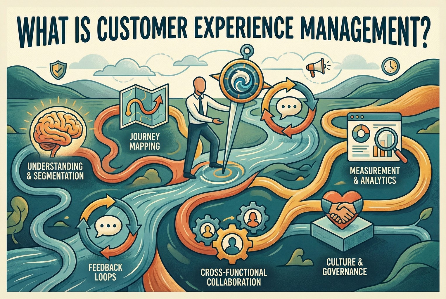 Illustration explaining customer experience management, showing journey mapping, feedback loops, analytics, collaboration, and governance across the customer lifecycle.