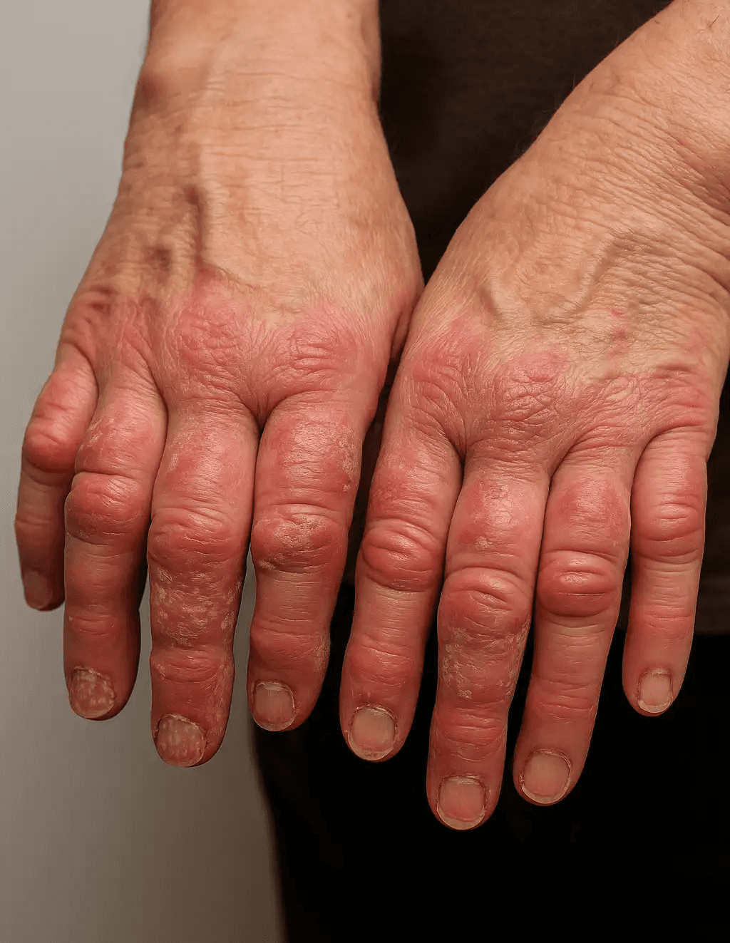 A close-up of both hands showing red, swollen, and scaly joints with visible nail changes, illustrating symptoms of psoriatic arthritis.