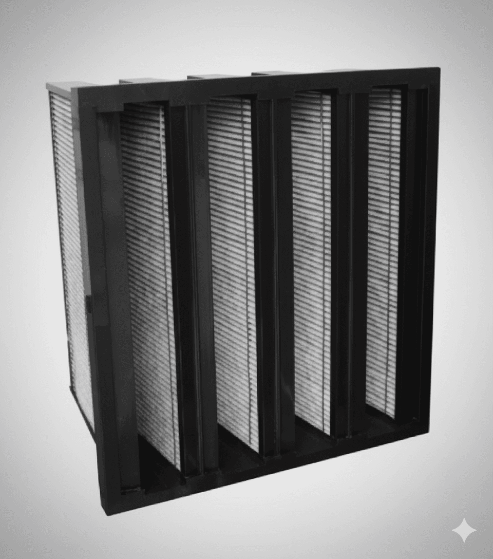 Carbon V filter with V-bank design for high-capacity gas and odor adsorption.