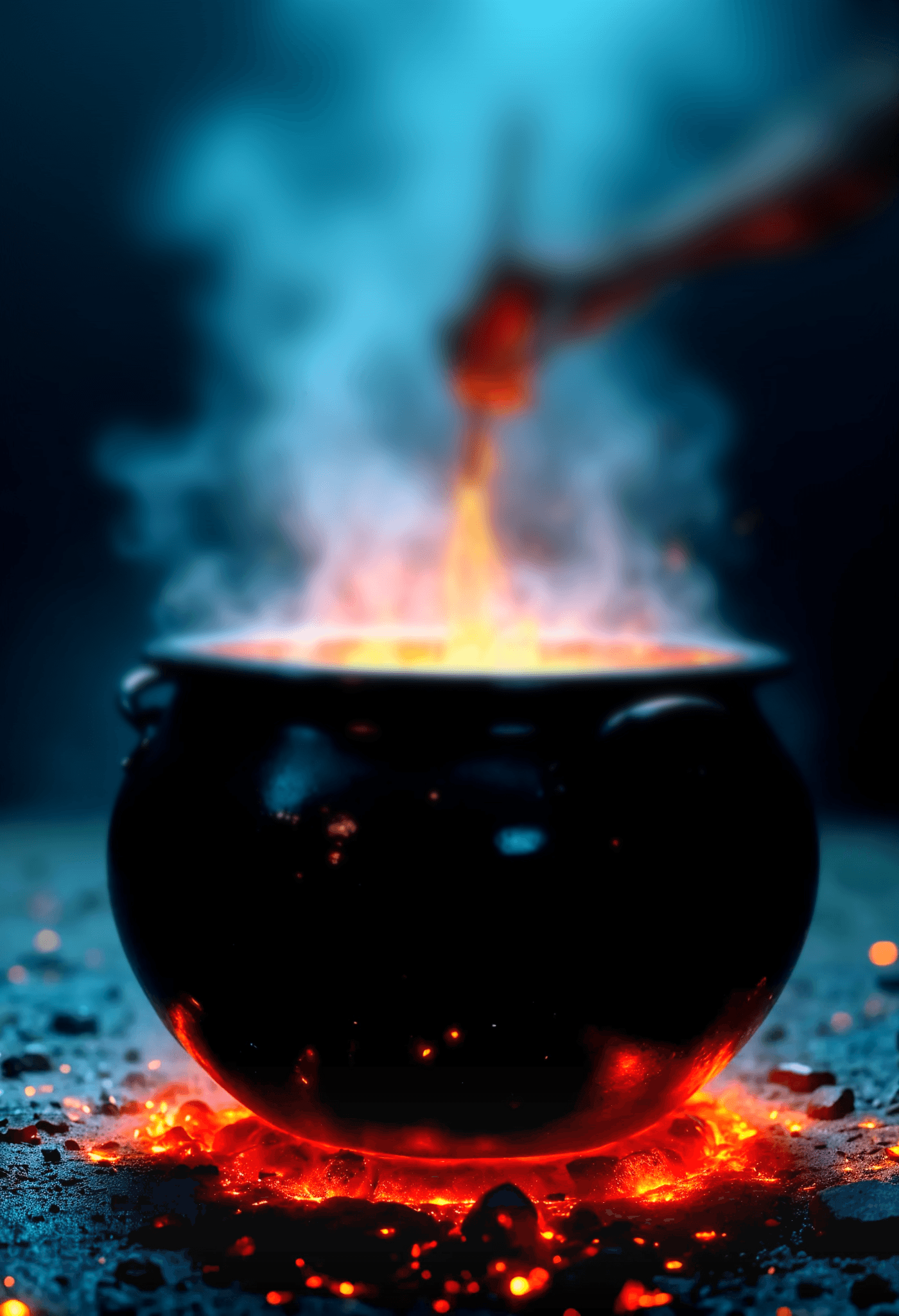 FAQ section for a content creation service, titled "Solving Your Content Conversion Doubts," featuring questions about content cost, AI content quality, industry-specific content, and ROI, with a glowing cauldron background.