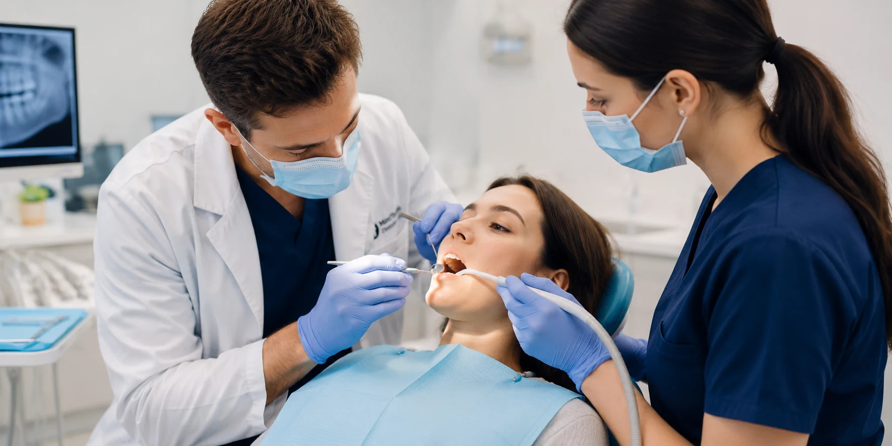 Dentist and assistant treating a patient in a dental chair