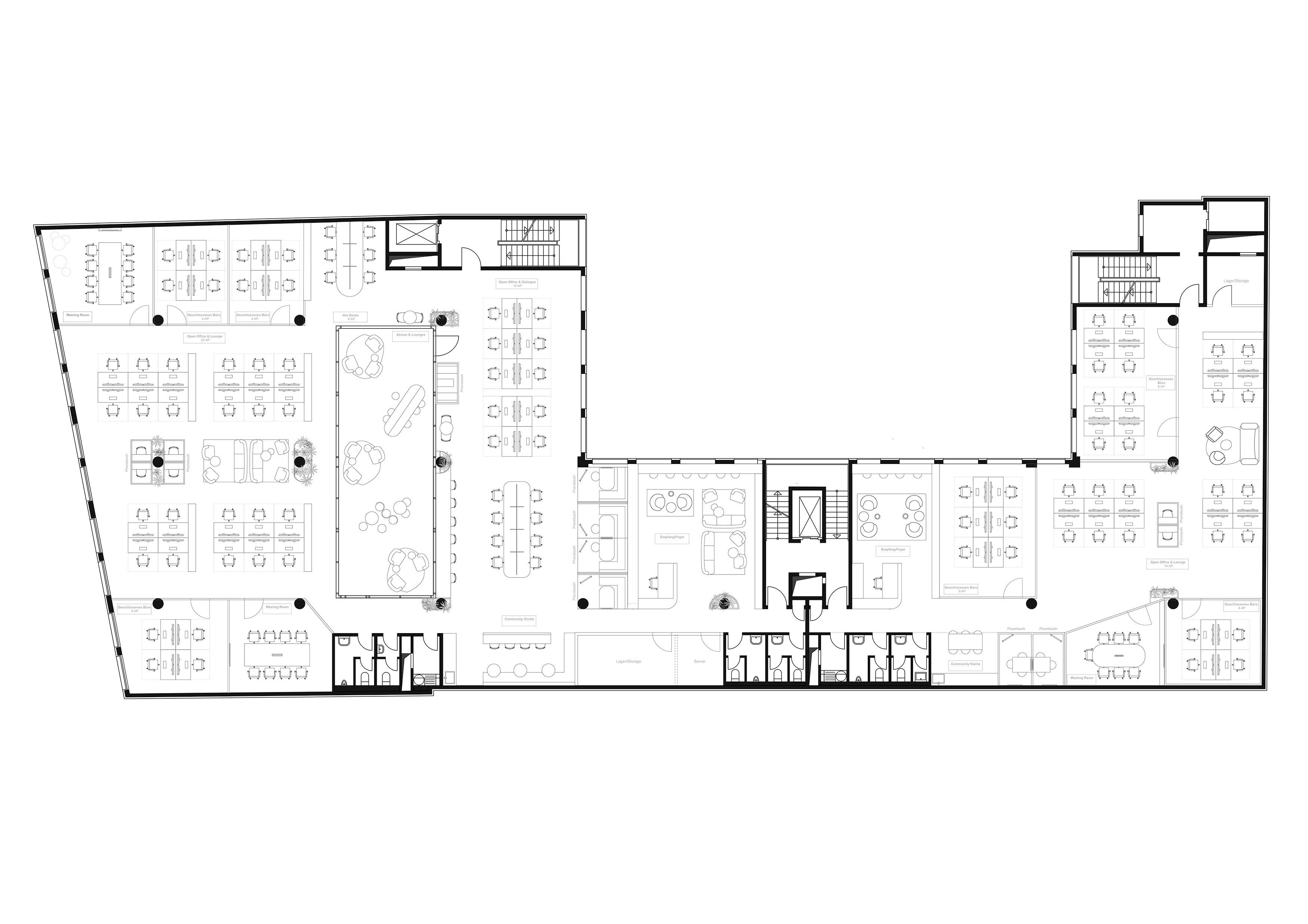 Grundriss des Ritterholding Büros mit zentraler Erschließungsachse und offenen Arbeitsbereichen