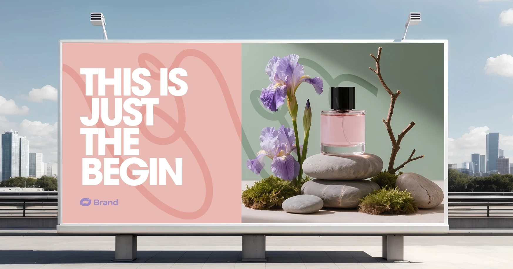 Perfume ad: "This Is Just the Beginning" with flowers and stones.