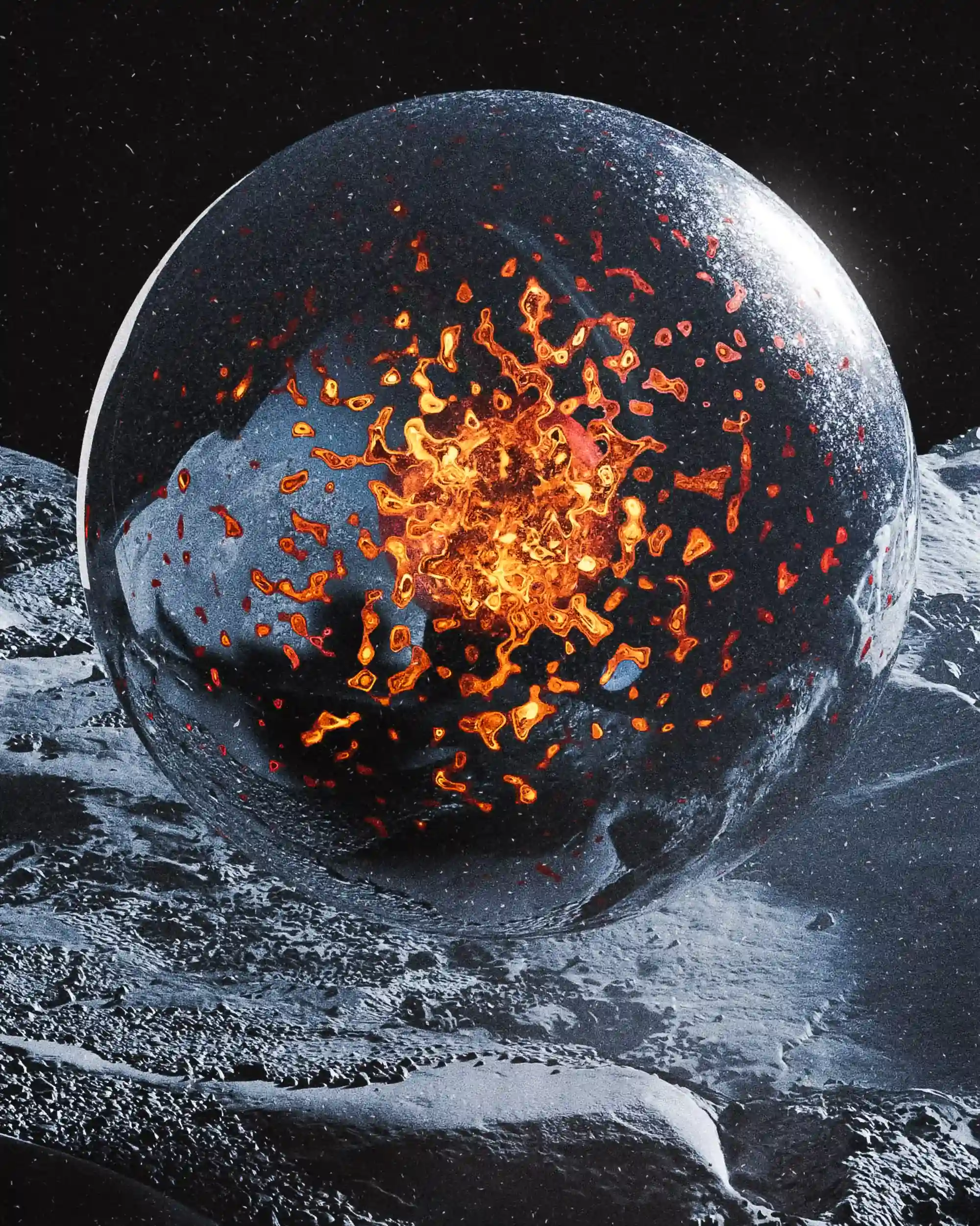 Mysterious sphere with mirror-like surface, with spots of molten lava orange in the middle, floating on the surface of an unknown world similar to the moon