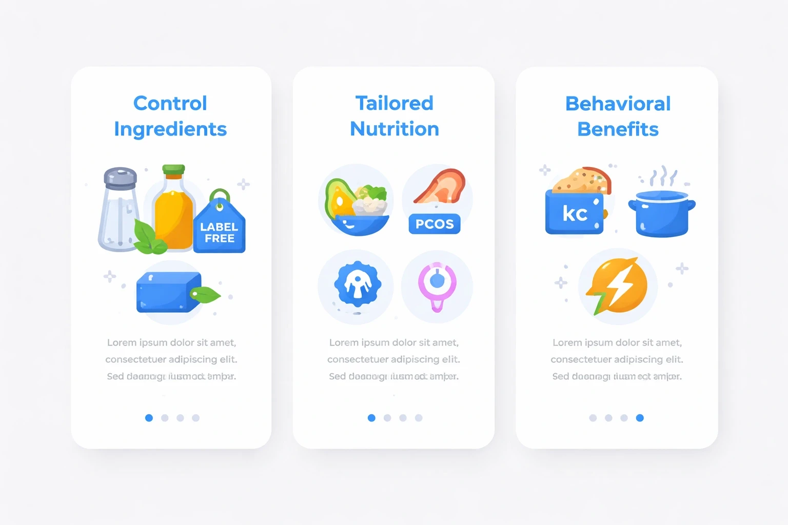 Three vertical cards on a light gray background illustrating the benefits of homemade snack recipes: control over ingredients, tailored nutrition for conditions like PCOS, and behavioral benefits such as reduced calorie intake, all with blue accent headings and simple icons.