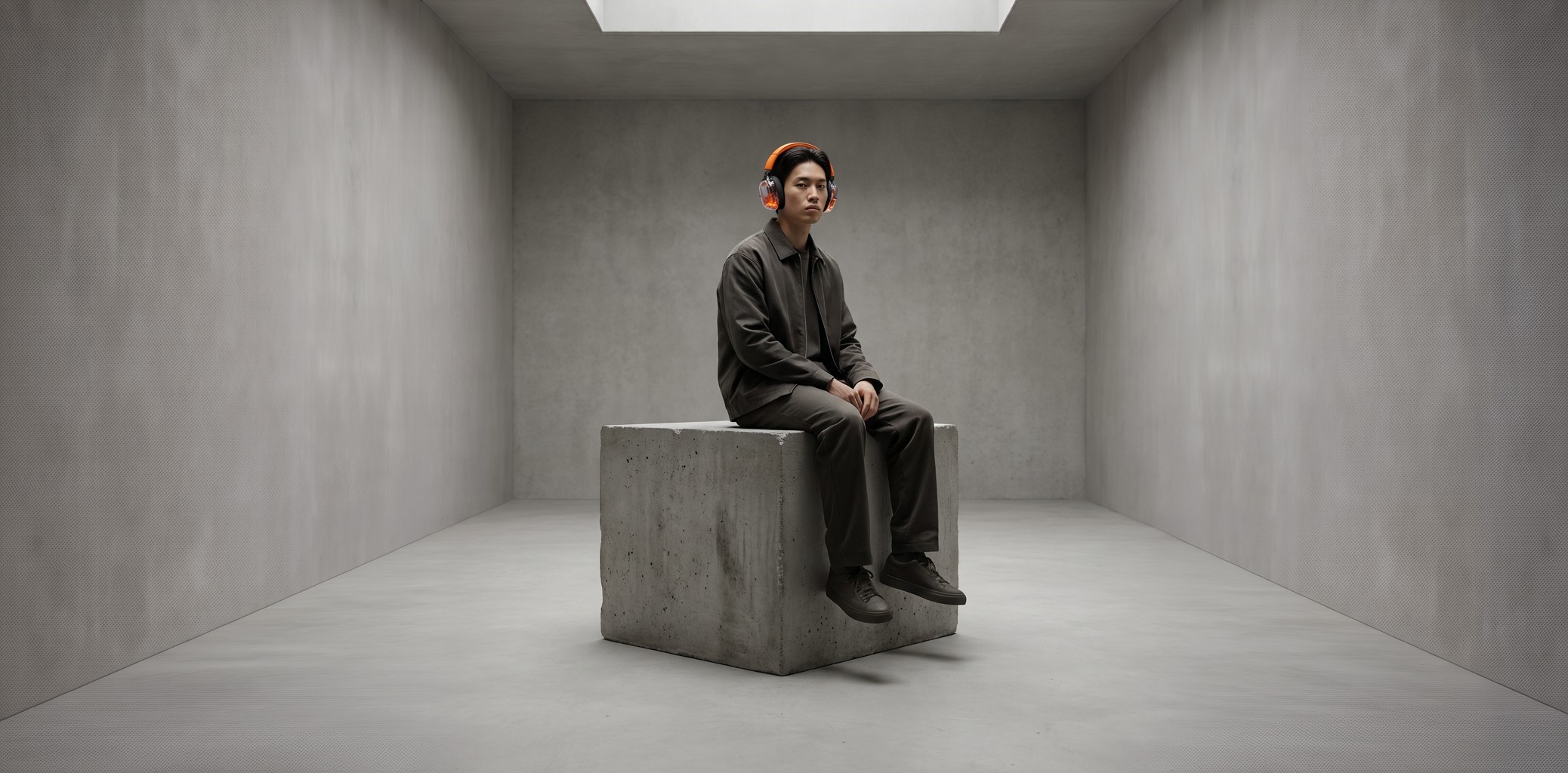 a man wearing headphone sitting on a cube chair