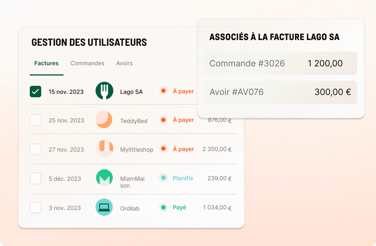 Tableau de bord Libeo avec gestion des utilisateurs et associations de factures