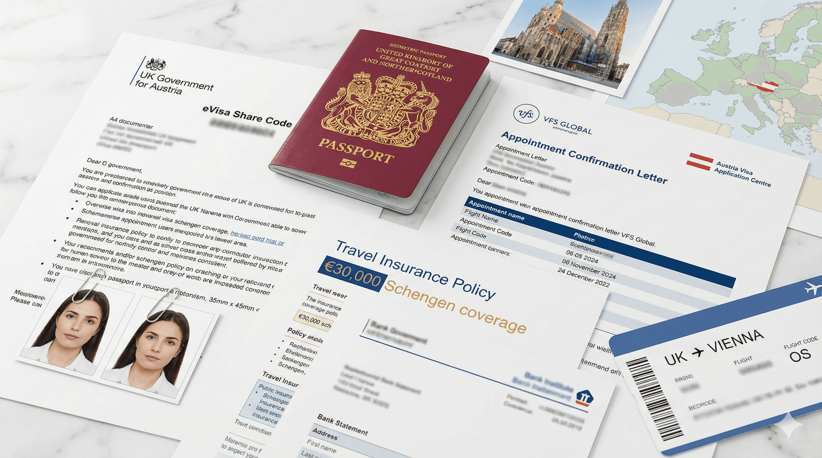 Austria Schengen visa requirements checklist showing UK passport, eVisa printout, travel documents, and application forms