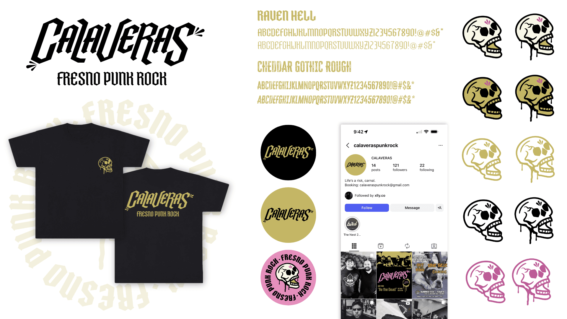 Visual identity system and brand guidelines for Calaveras Band, showcasing logo marks and illustrative elements.