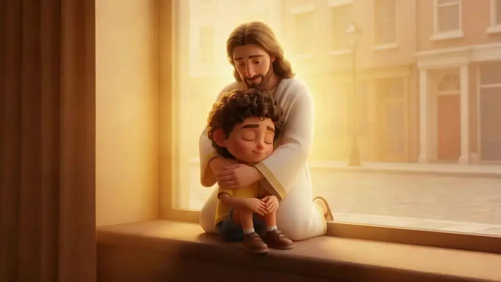 Scene 24: Jesus hugging the sad boy by a sunlit window
