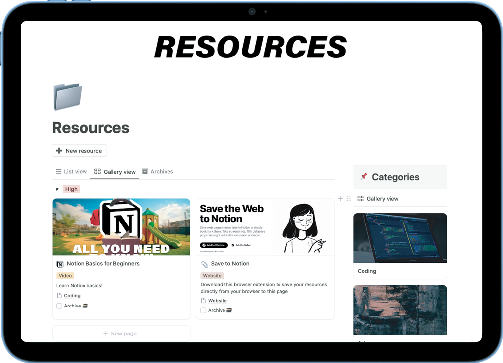 Notion resources library - save documents, links, and tools by category