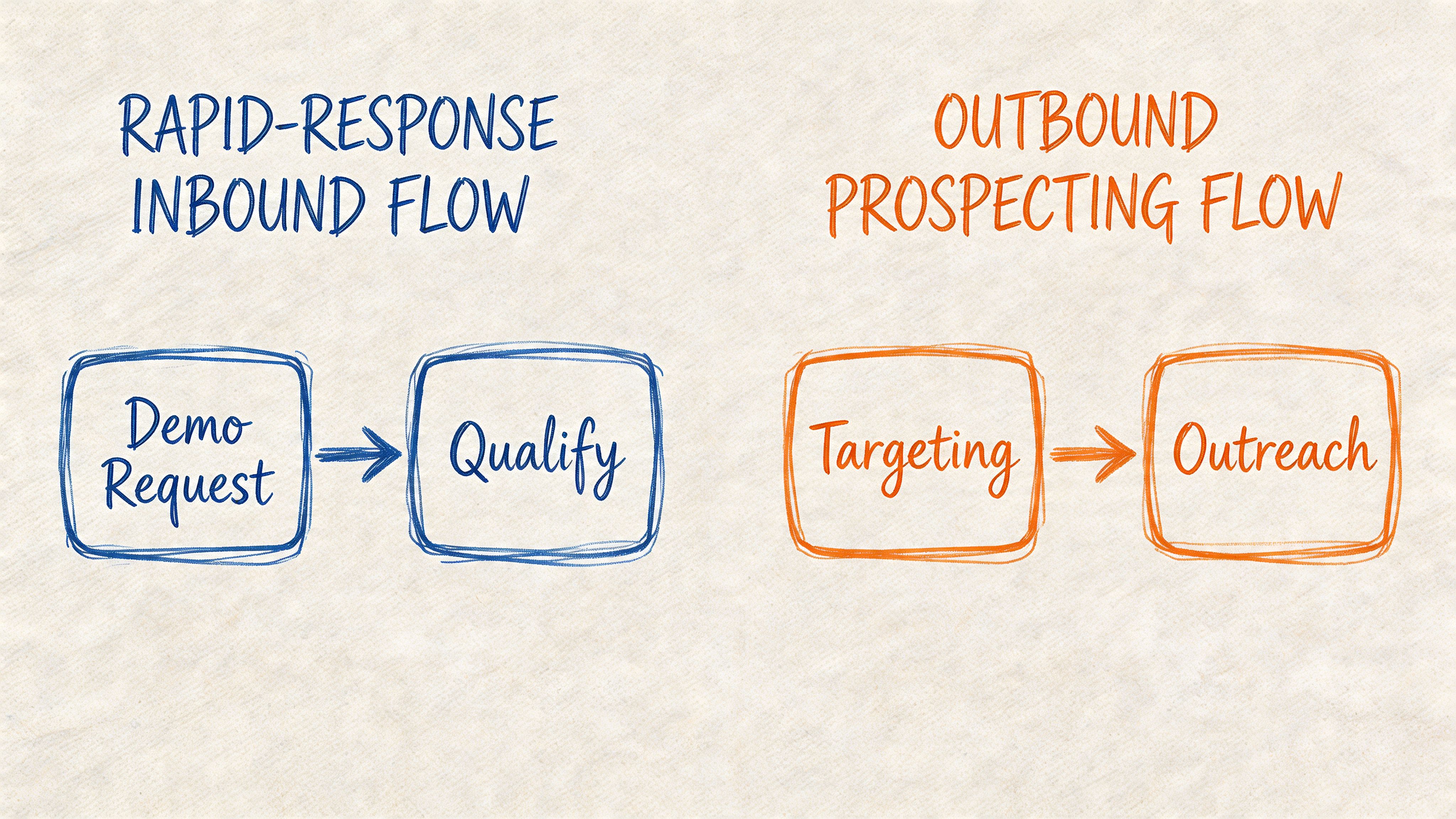 A diagram comparing rapid-response inbound flow and outbound prospecting flow for sales development.
