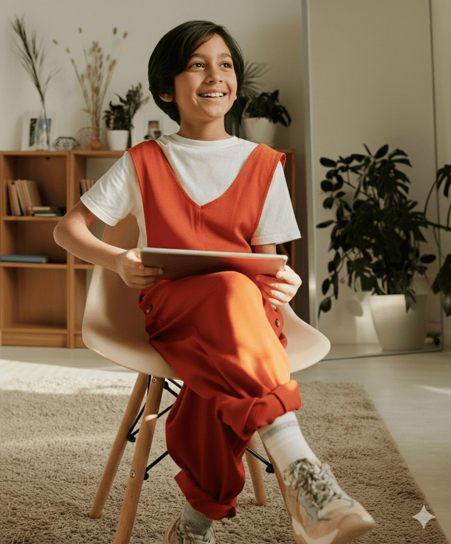 A student wearing a red uniform sits while holding a book in his hands