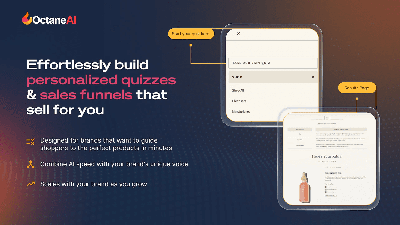 Octane AI marketing banner showing a personalized quiz builder interface with product recommendation screens and the tagline "Effortlessly build personalized quizzes and sales funnels that sell for you"