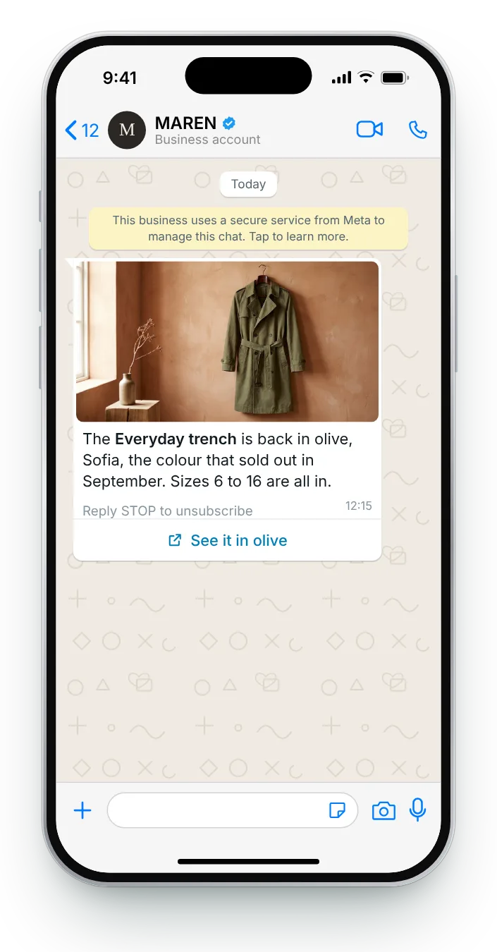 A sold-out colour comes back: WhatsApp restock alert on an iPhone