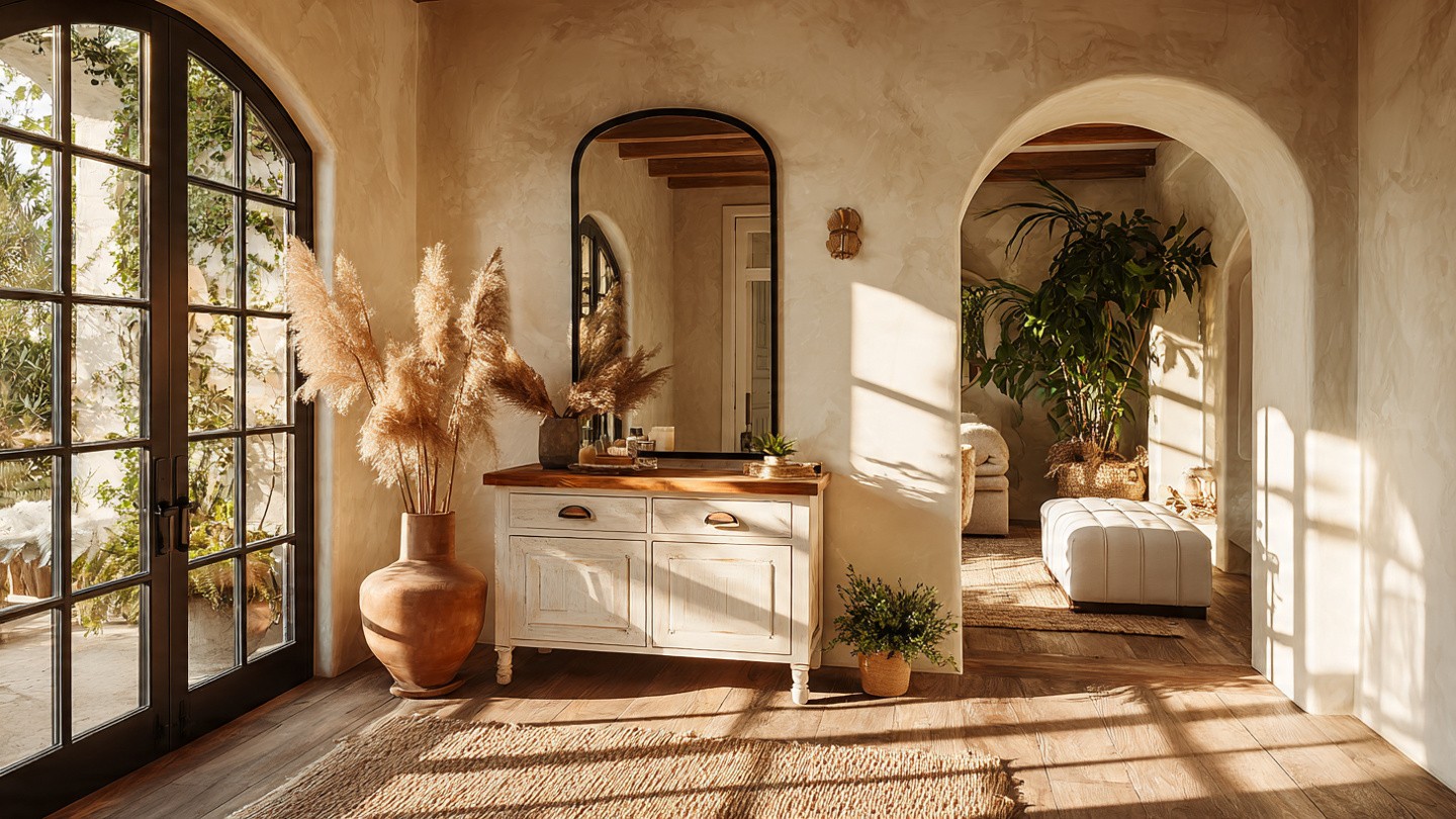 Sunlit room with arched windows, a white console table, and pampas grass in a vase. Green plants and soft beige tones create a serene, cozy atmosphere.
