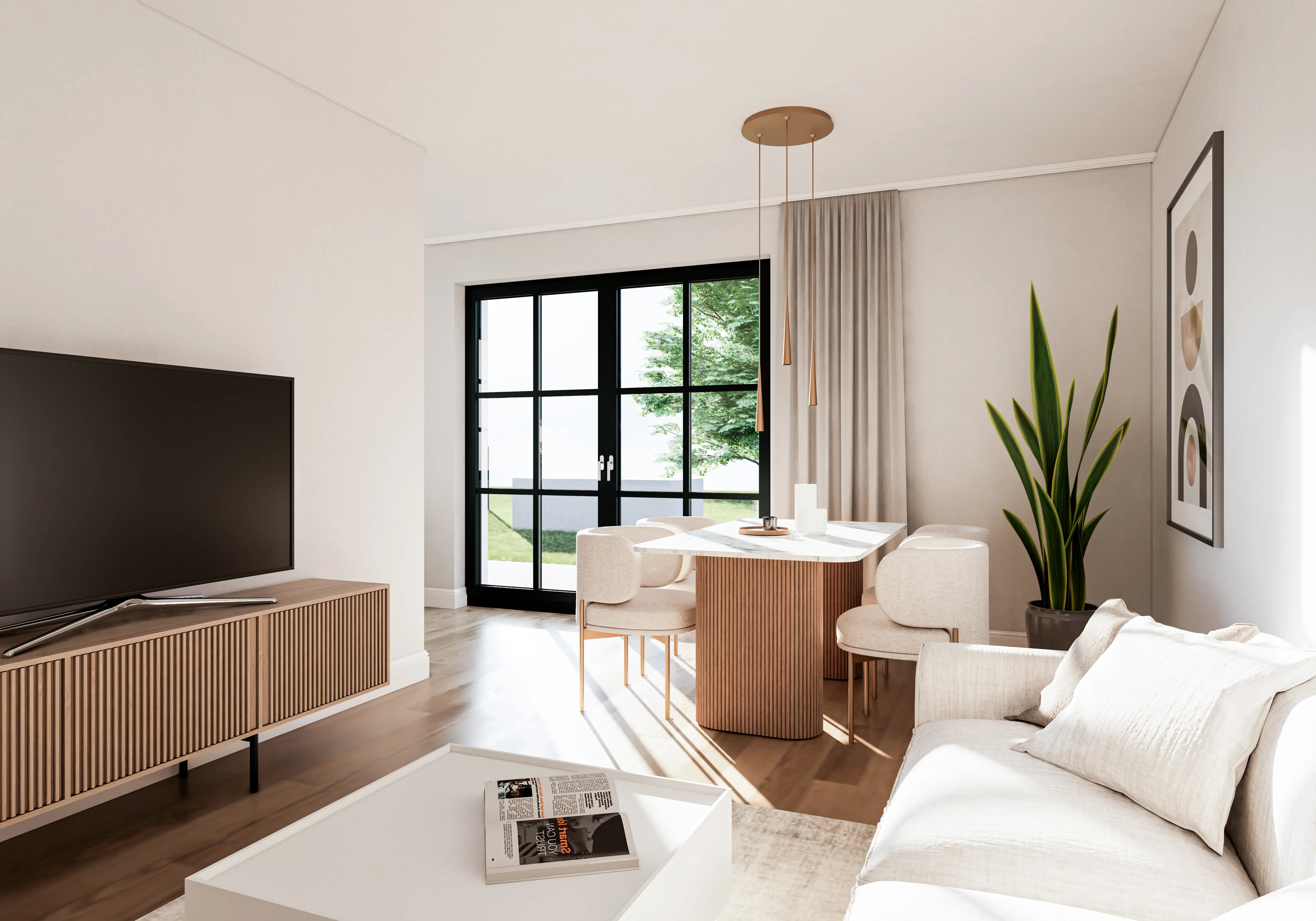 Wohn- und Essbereich einer modernen Neubauwohnung mit offener Raumaufteilung.