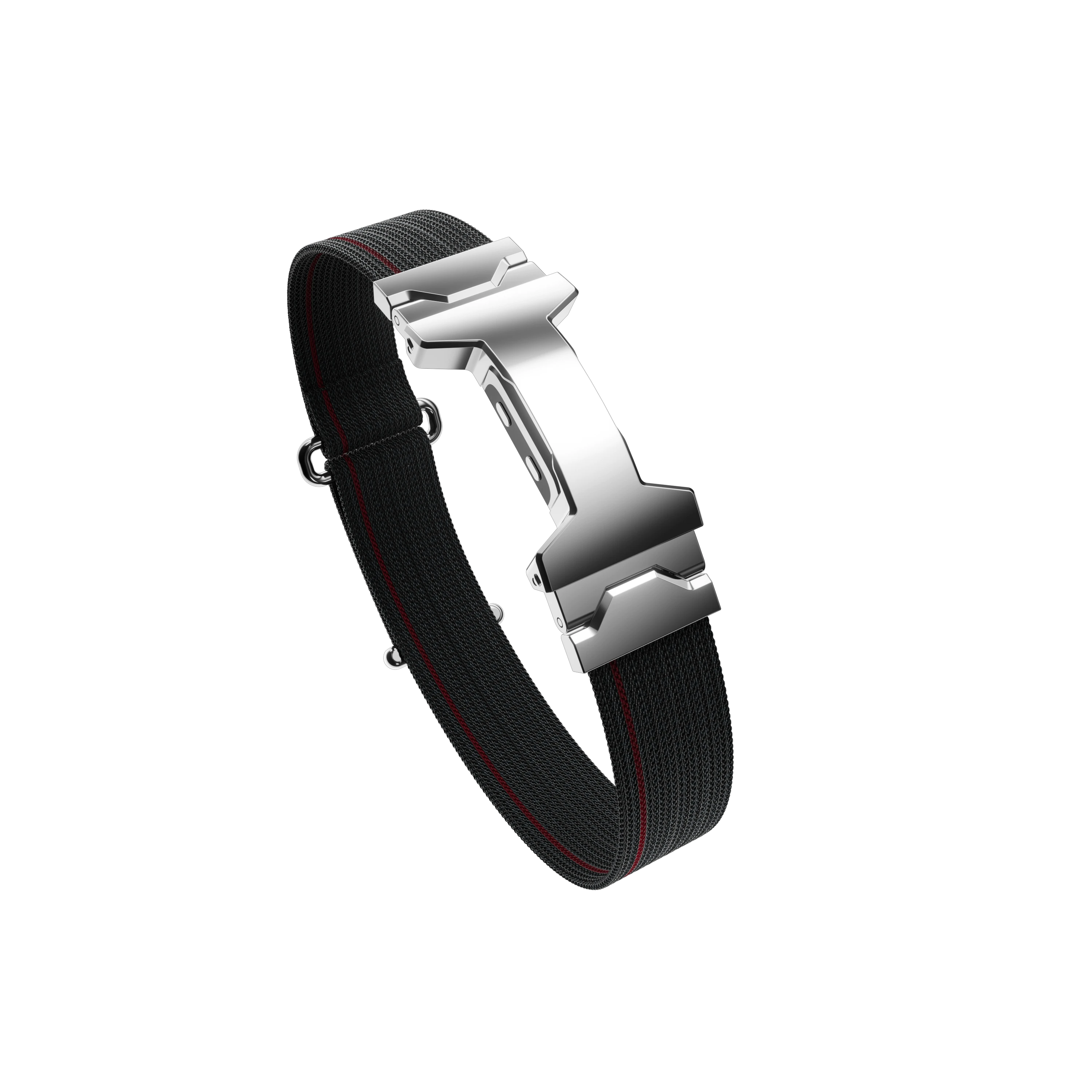 Angled view of the woven Band with polished silver clasp