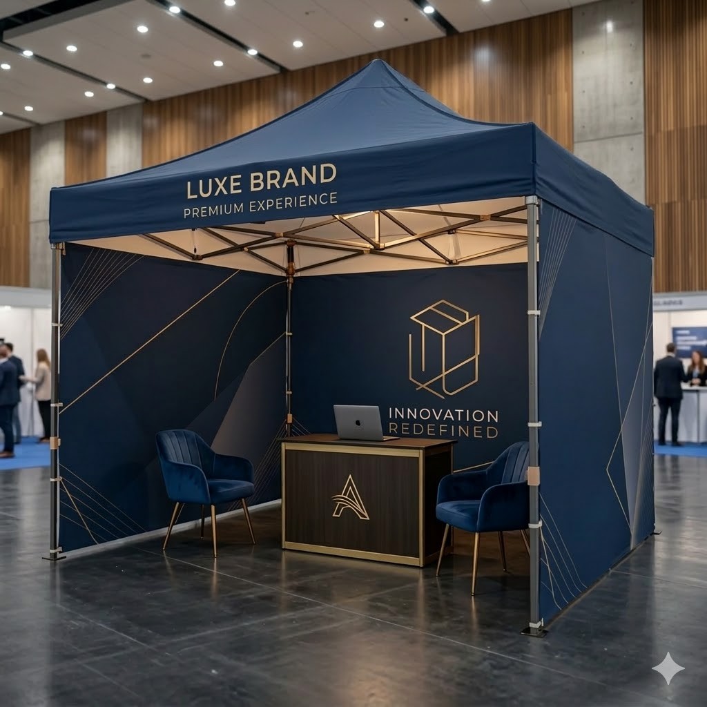 Custom printed event canopy tent with full branding, premium fabric panels, and professional display setup for trade shows and outdoor marketing events.