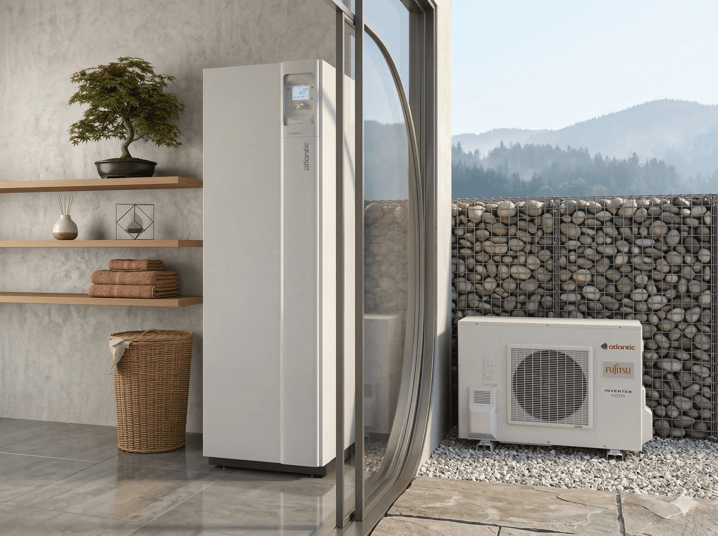 Unité extérieure de pompe à chaleur blanche au design épuré, installée devant un mur blanc avec vue sur un jardin.