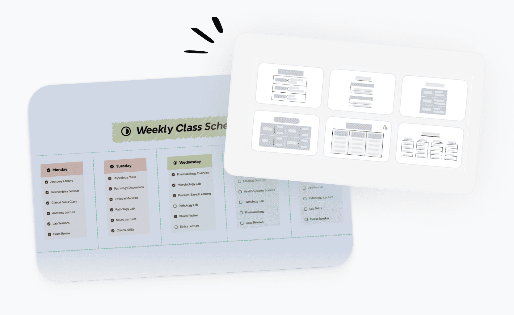 週刊スケジュールテンプレートと形状選択パネルを備えたオンライングリッドメーカーでレイアウトを選ぶ