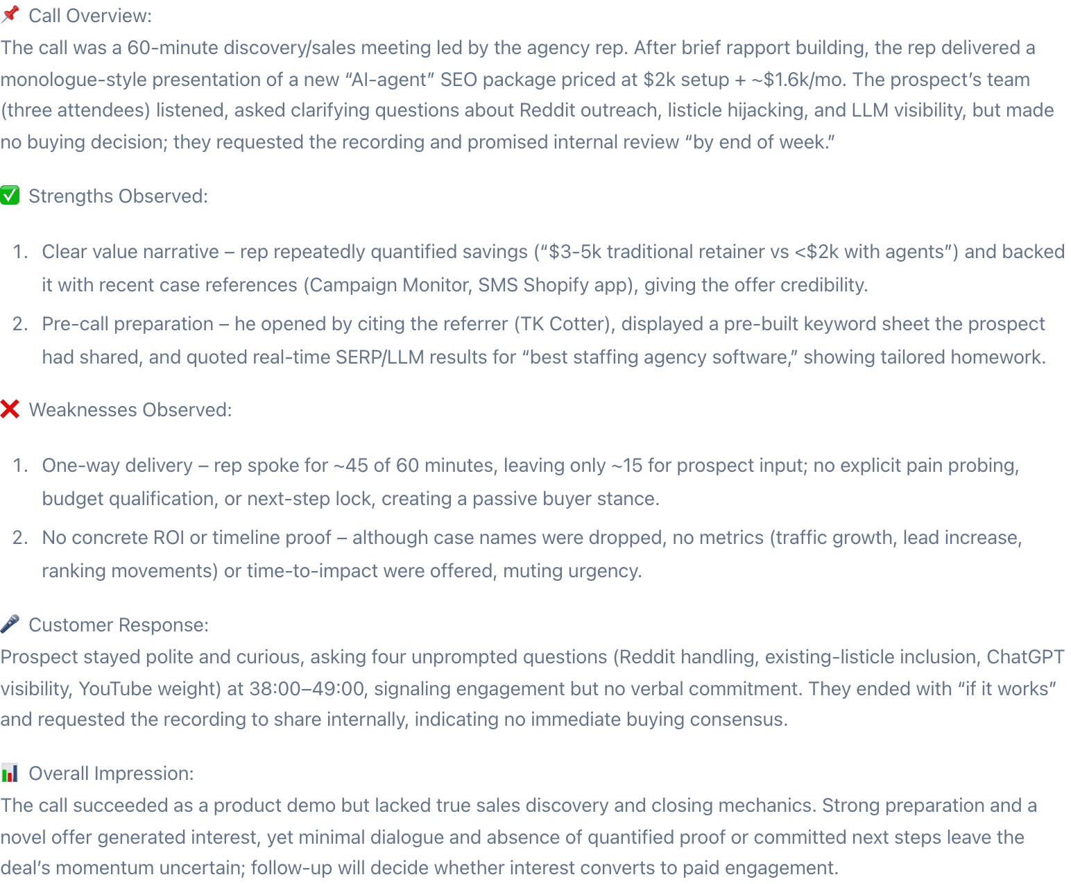A Kendo scored-call review showing an AI call overview, strengths the rep demonstrated, and weaknesses to coach