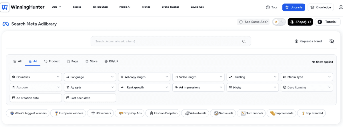 WinningHunter Meta Ad Library search filters dashboard