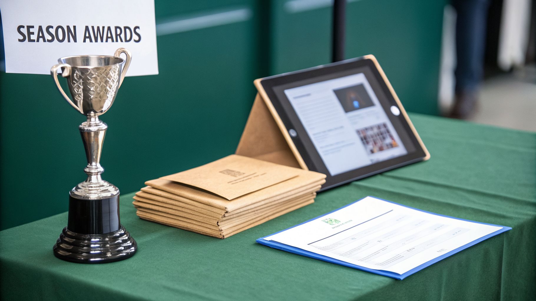 Season awards display featuring a trophy, stacked envelopes, a tablet, and a document on a green table.