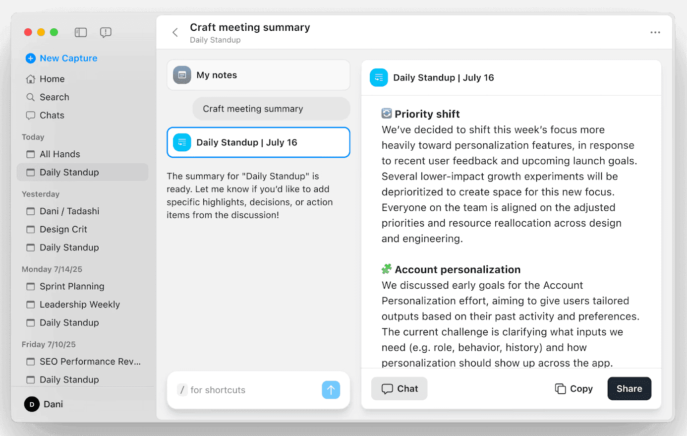 Screenshot of Radiant showing an AI-generated meeting summary for a Daily Standup, with sections for priority shifts and account personalization, alongside a sidebar of recent meetings.