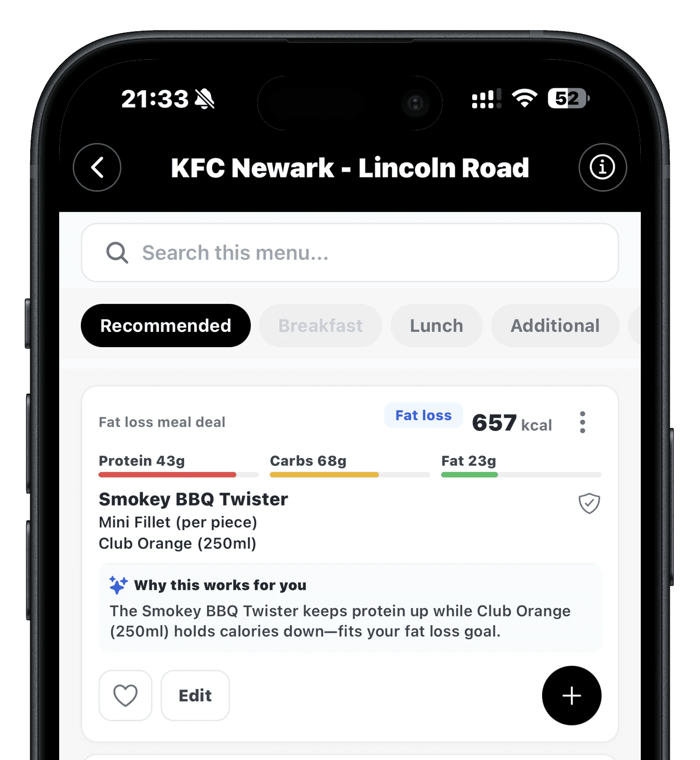 MyMacroGo one‑tap logging screen with verified macros for Pret items.