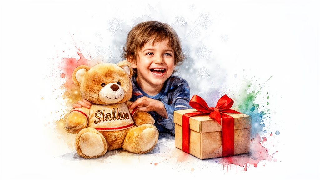 A joyful child laughing next to a teddy bear and a Christmas gift box with red ribbon.