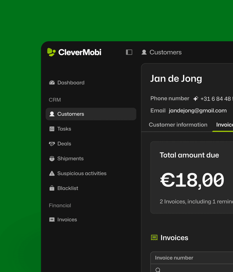 CleverMobi CRM interface in dark mode showing a customer detail view, on a green background.