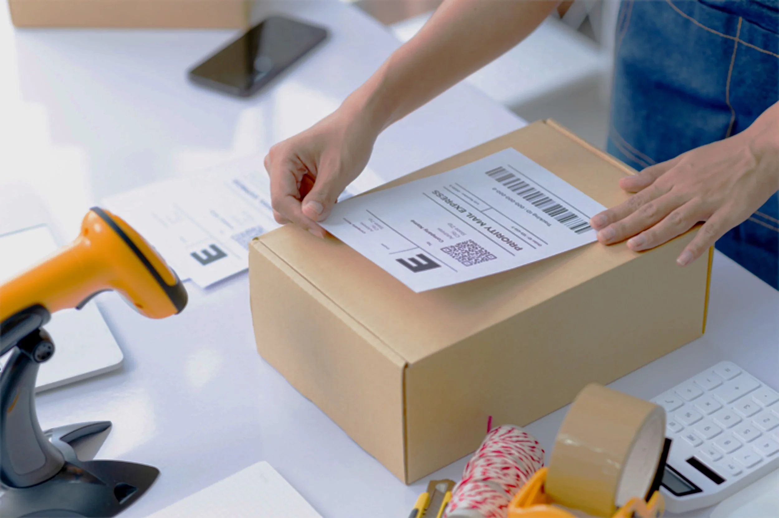 A shipping label being applied to a parcel