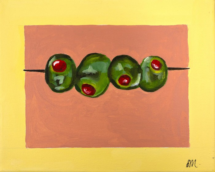 painting of an olive cocktail skewer