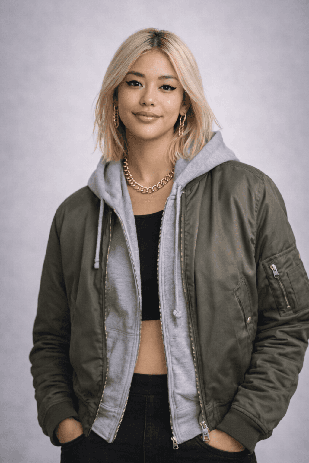Young woman with blonde haircut wearing a green bomber jacket and gray hoodie, hands in pockets, neutral studio background.